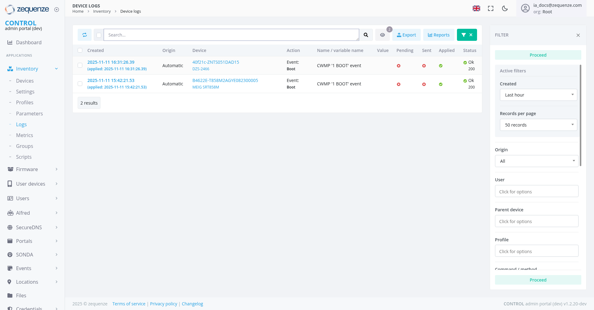 Screenshot - Device logs