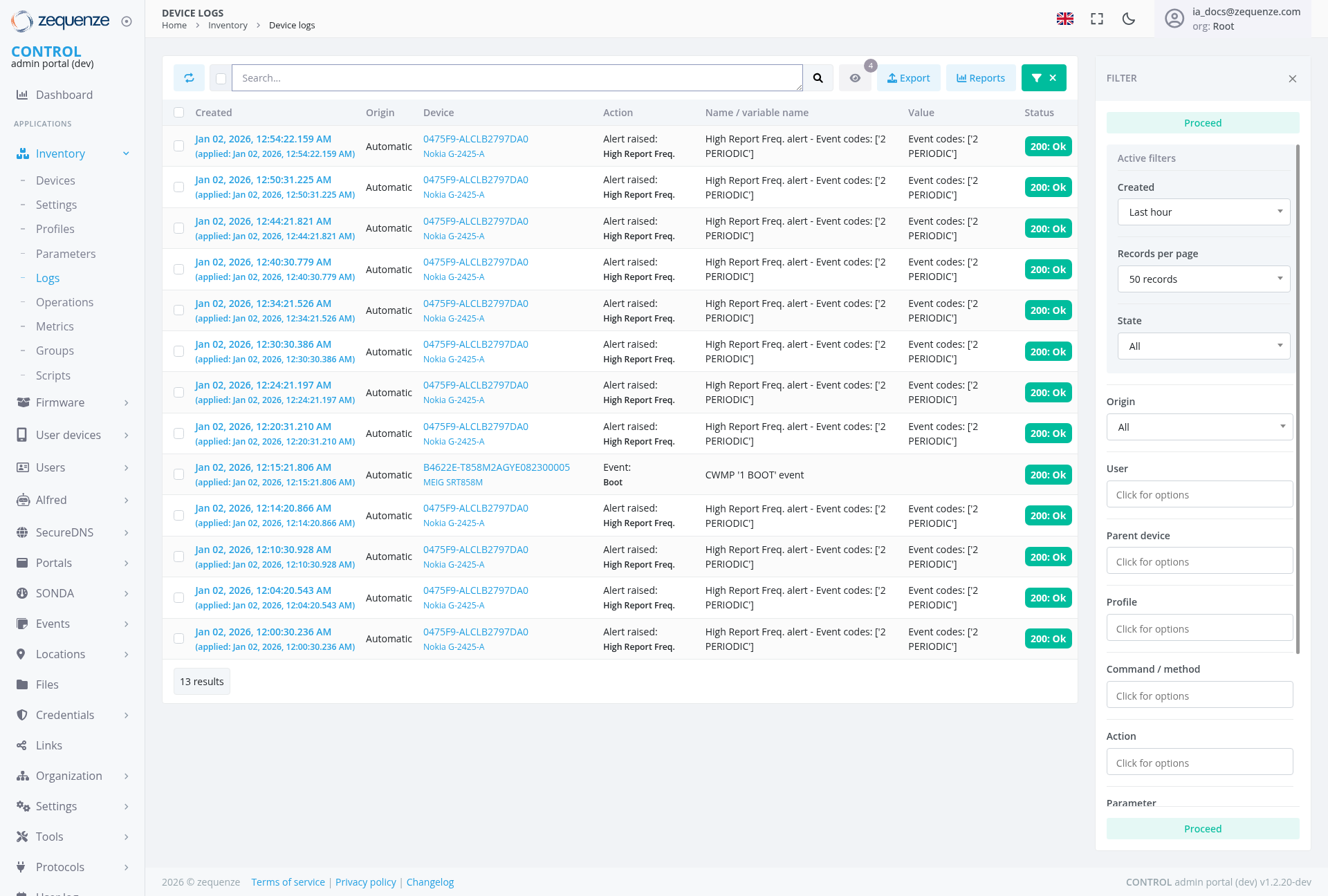 Screenshot - Device logs