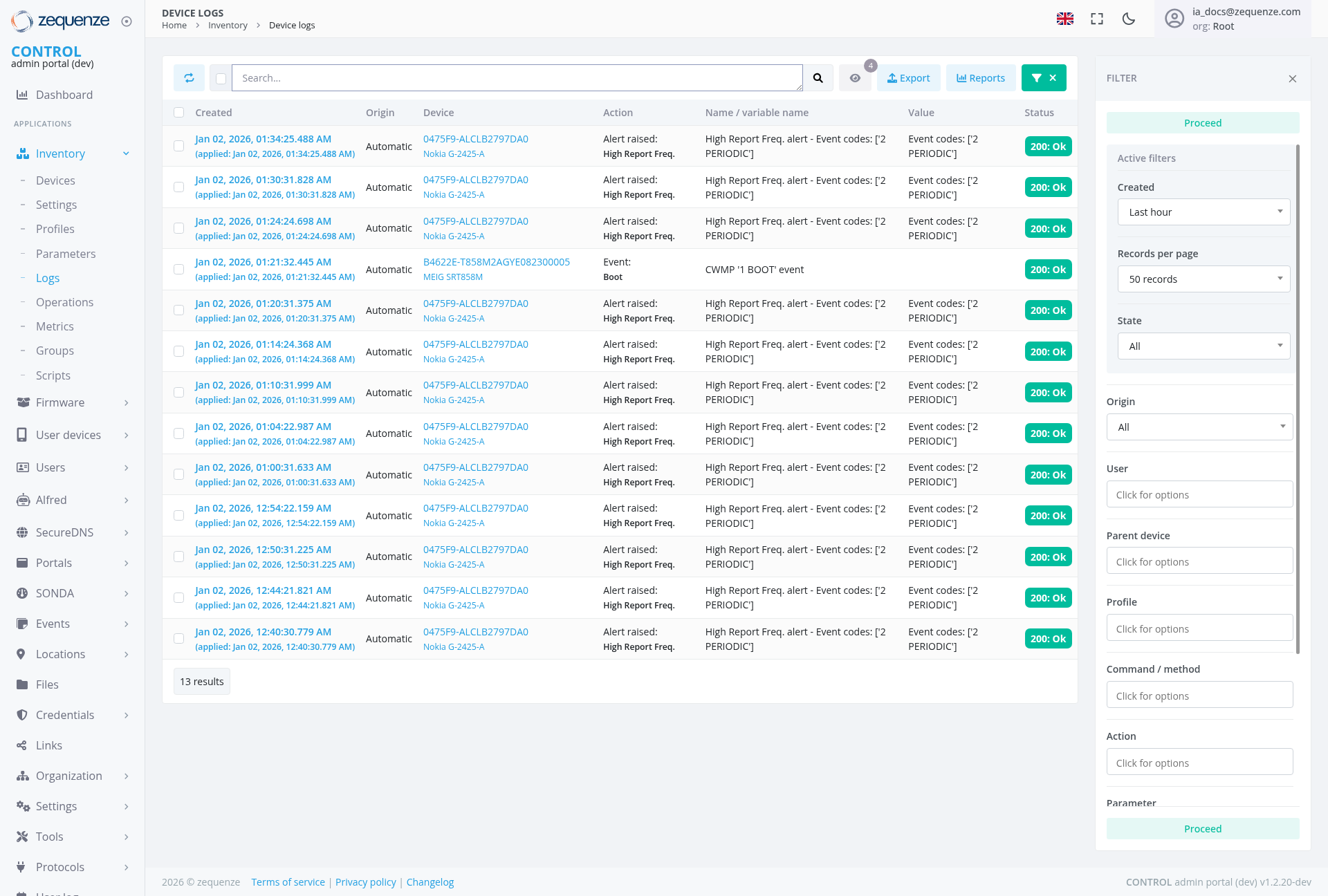 Screenshot - Device logs