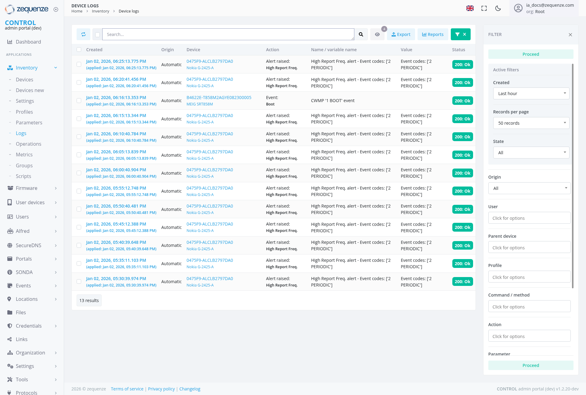 Screenshot - Device logs