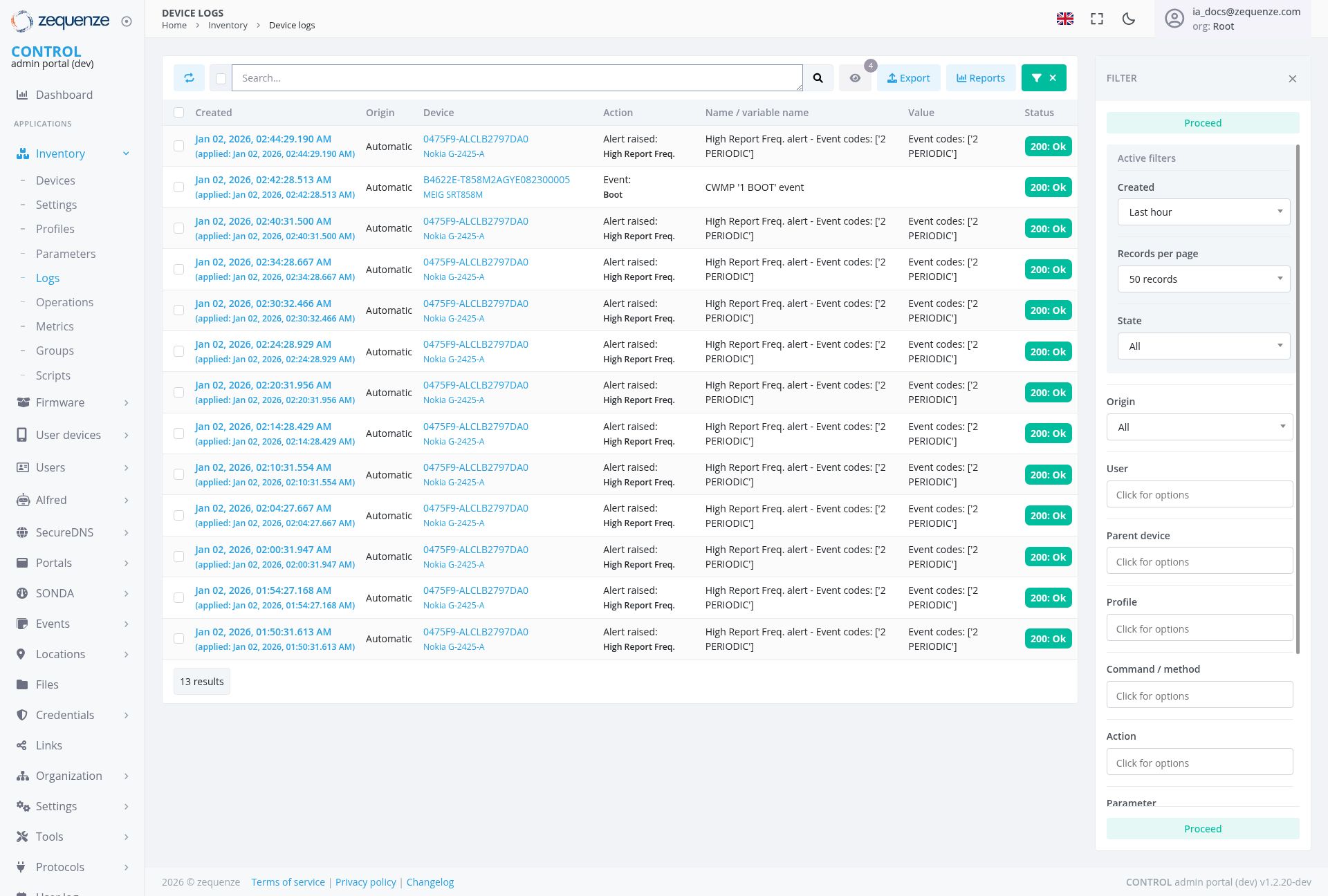 Screenshot - Device logs