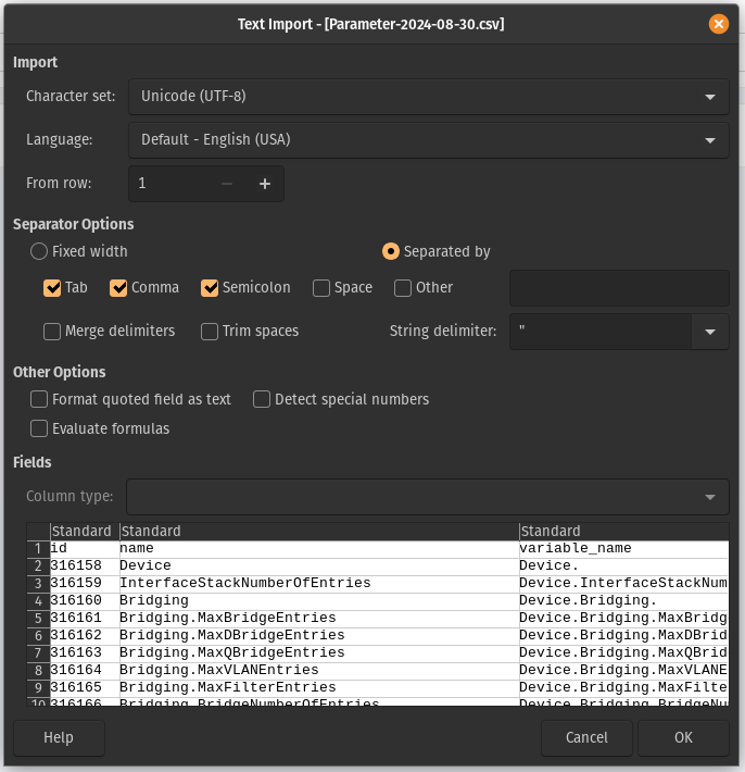 Text Import dialog
