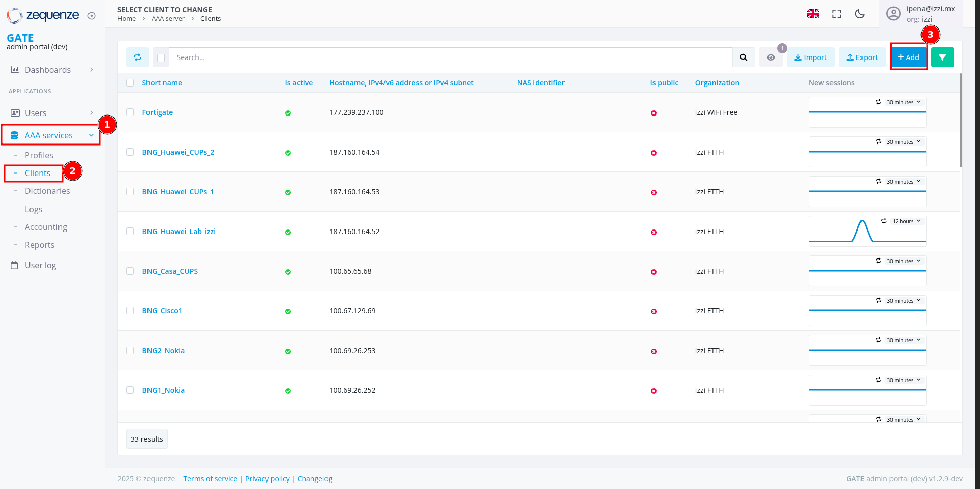 Pantalla de clientes RADIUS