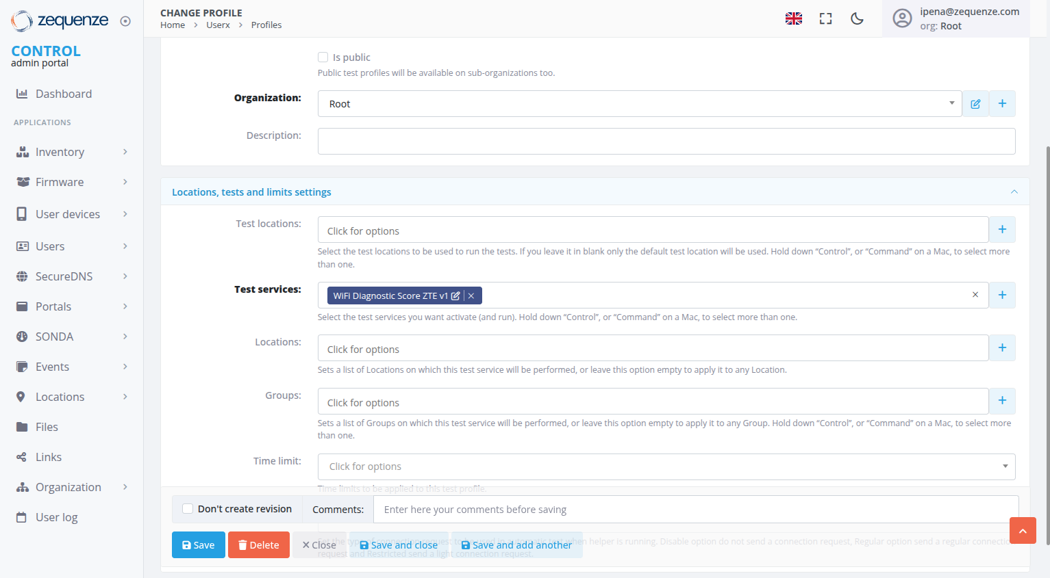 Test Profile form showing the Test services field with the WiFi Service assigned