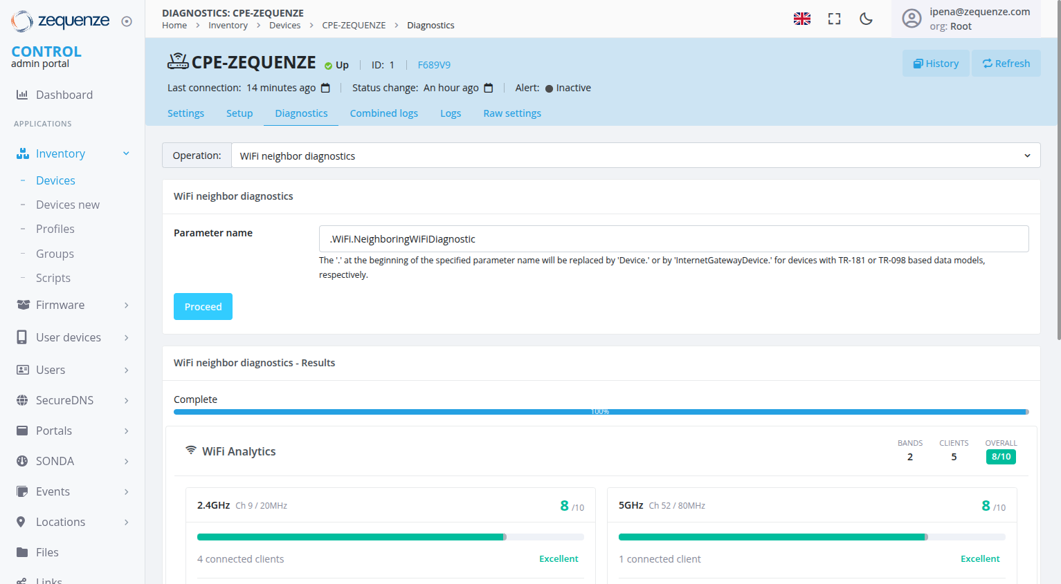WiFi Analytics dashboard showing header summary, band scores, and client counts