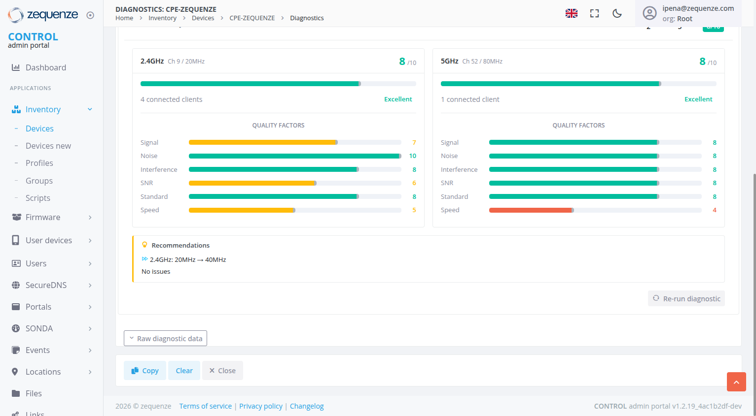 Quality factor bars for both bands and the Recommendations panel