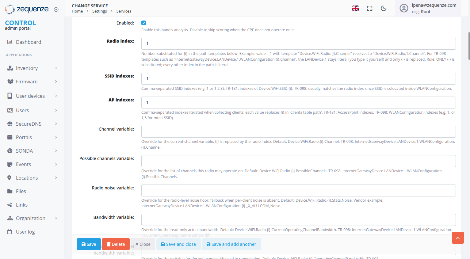 2.4 GHz Band Configuration — variable override fields with Radio index, SSID/AP indexes, and channel/noise/bandwidth paths
