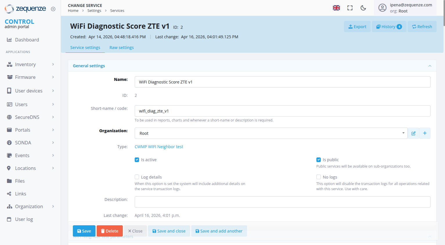 Service configuration showing ServiceType and general settings