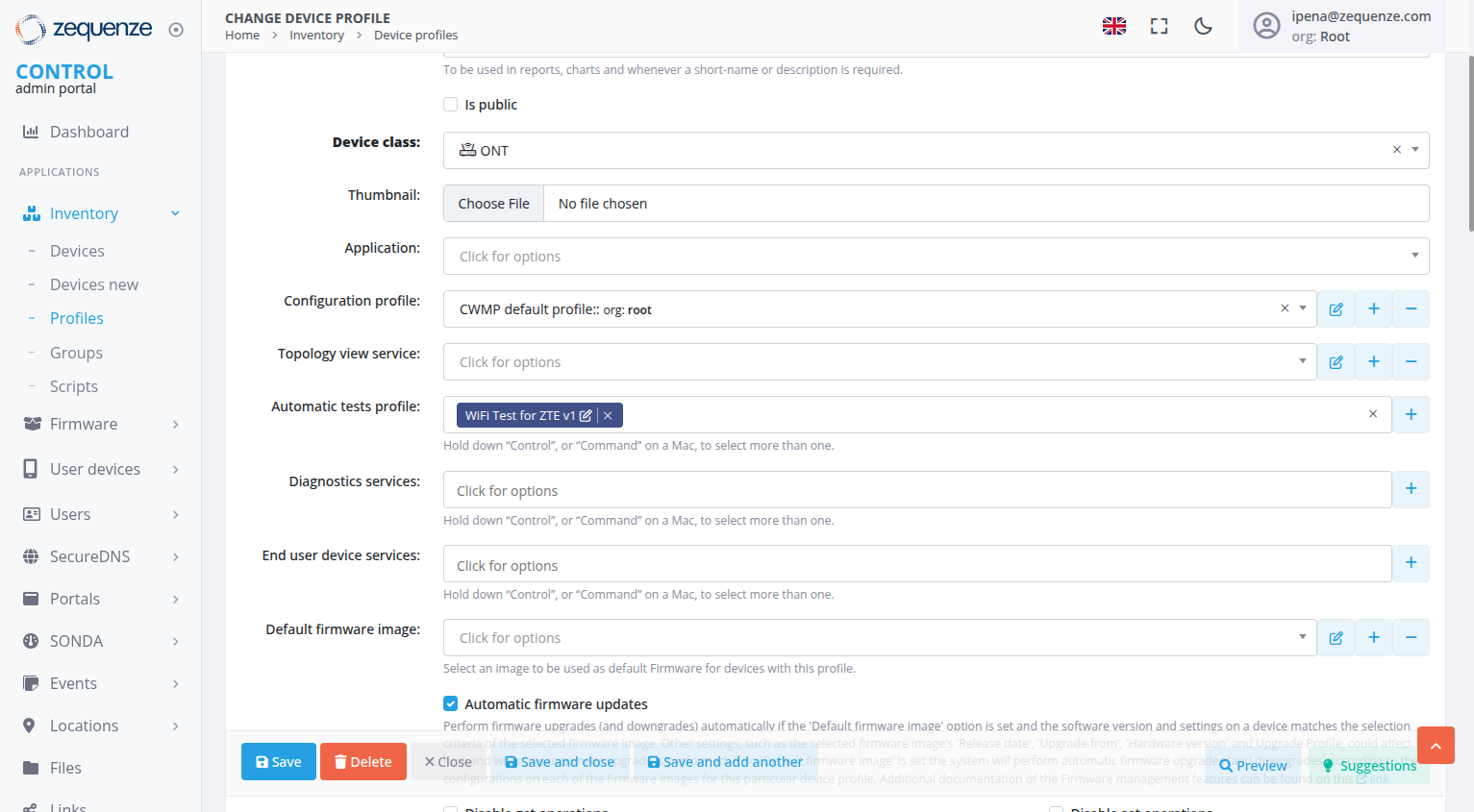 Device Type form with Automatic tests profile field populated