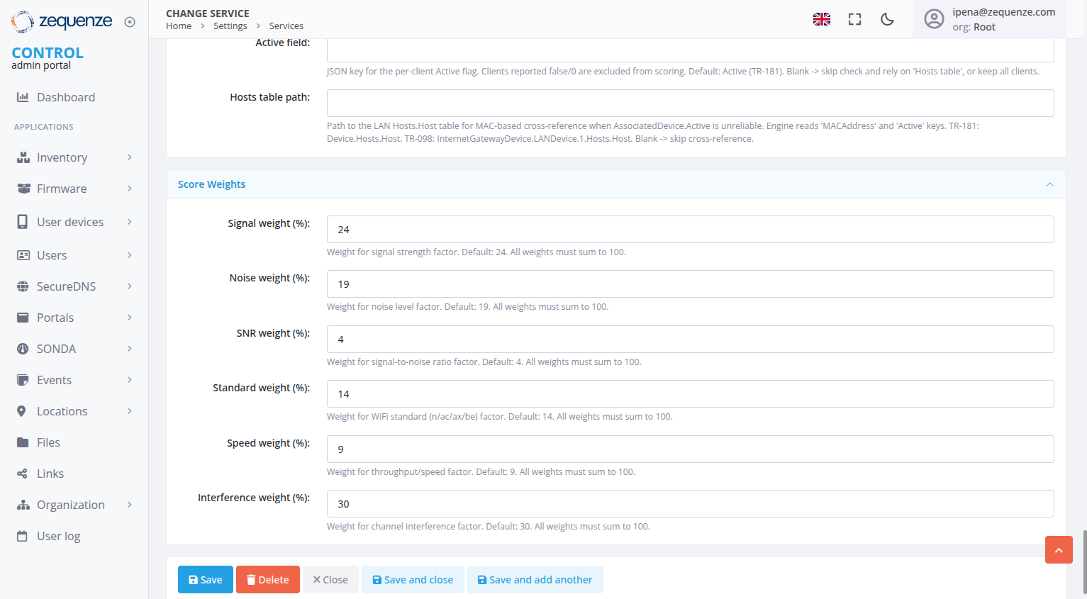 Score Weights section showing the six configurable weight fields