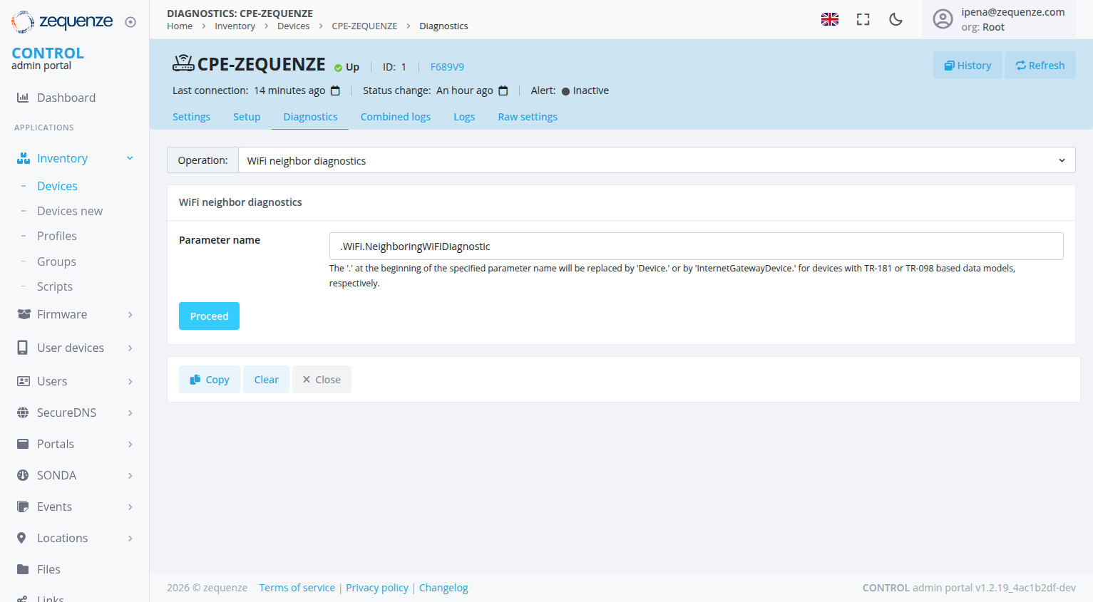 Diagnostic form with WiFi neighbor diagnostics selected and Proceed button